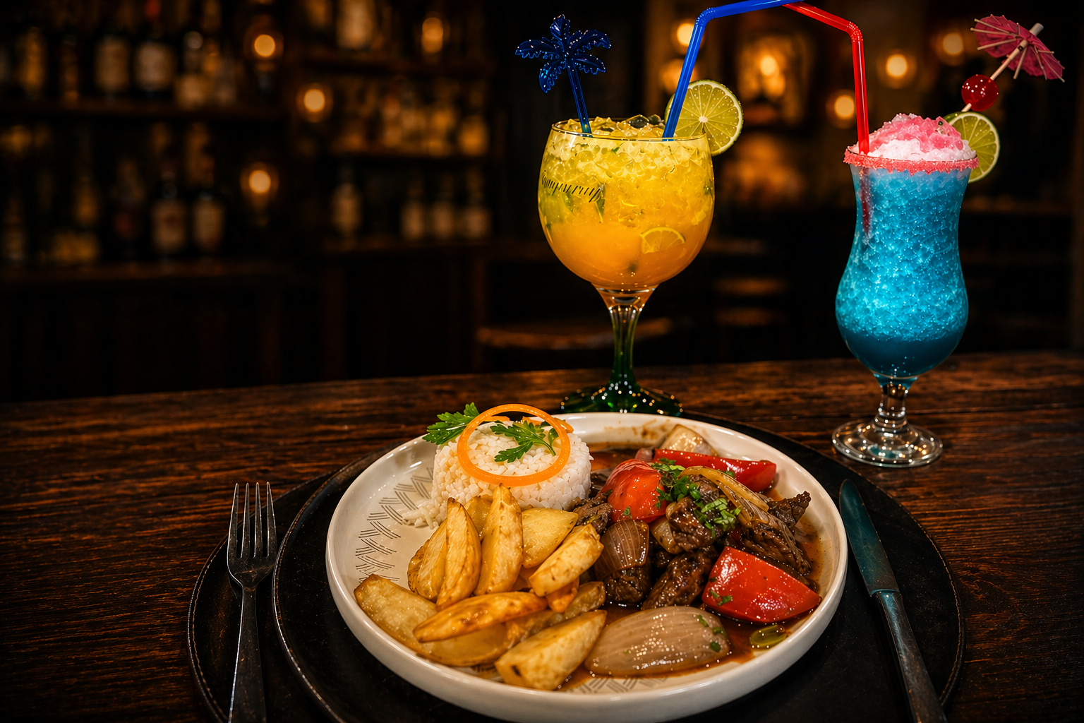 Lomo saltado y tragos peruanos premium